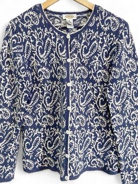 Talbots Blue & White Paisley Knit Button-Front Cardigan